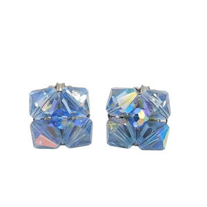 Blue Faceted Aurora Beads Earrings Clip-On Closure Silver Tone Vintage